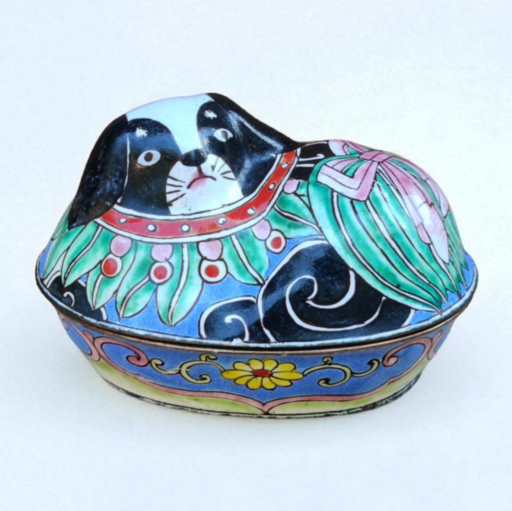 Antique Copper Enameled Chinese Dog Trinket Box 153$
